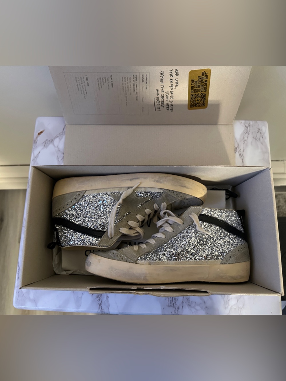 Golden Goose Silver Glitter High-Top Sneakers with Black Stripe - Picture 2 of 7